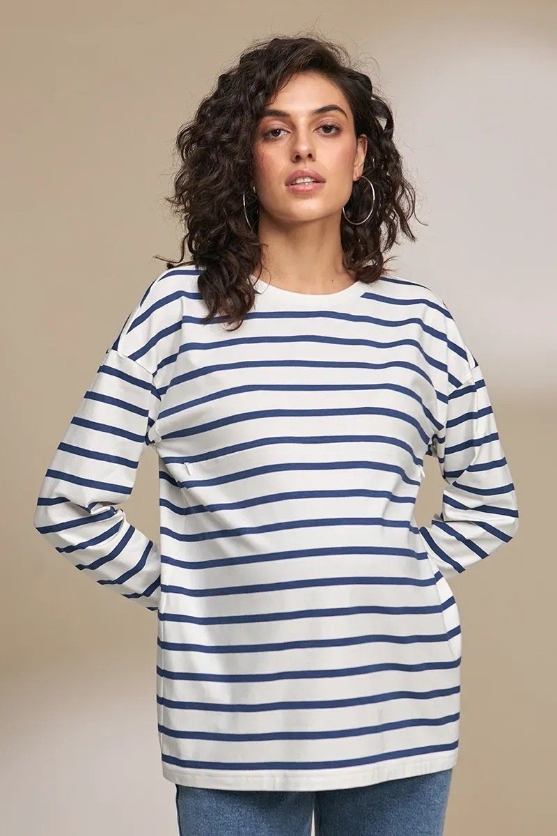 Лонгслив в сине-молочную полоску для беременных и кормящих Nikita