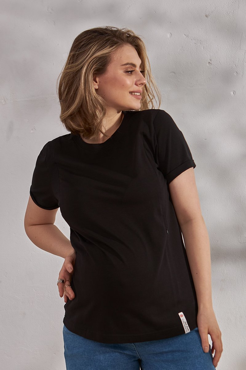 Базовая футболка для беременных и кормящих Una черная
