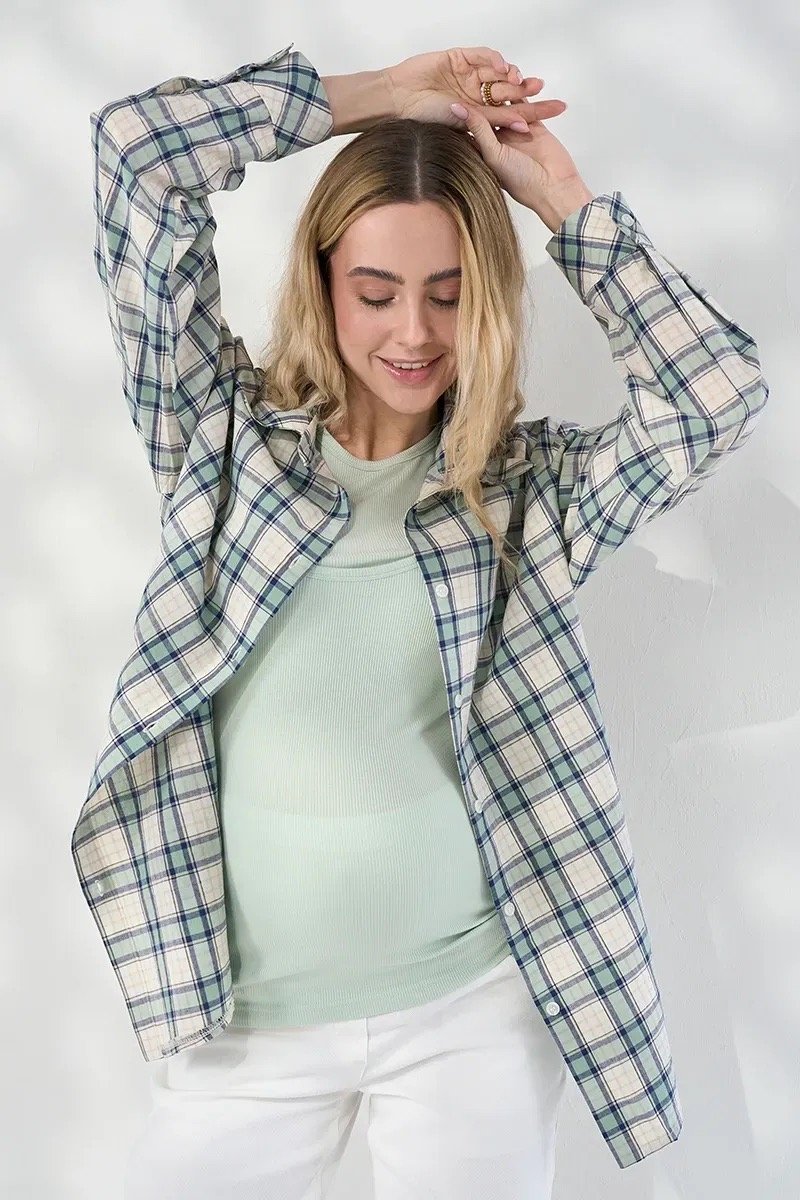 Клетчатая рубашка сине-зеленая для беременных и кормящих Rey