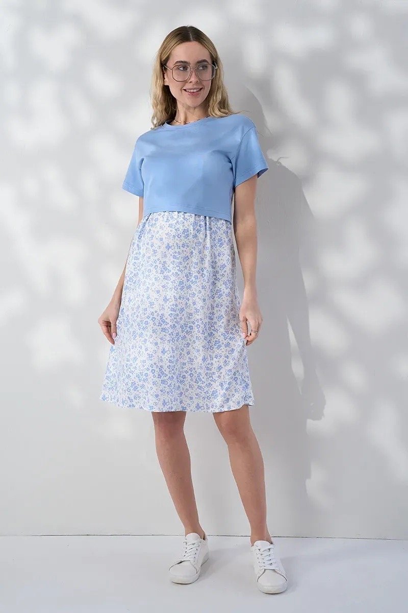 Платье для беременных и кормящих с трикотажным топом Marine — голубое с цветочками