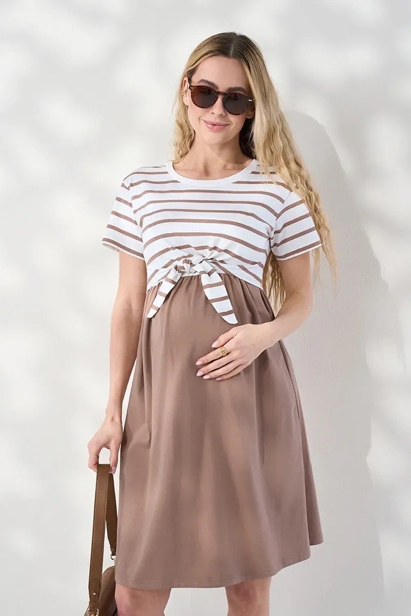 Двокольорова сукня в смугу капучино для вагітних та годуючих Becky