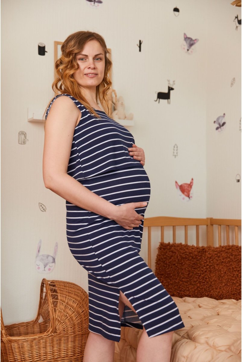 Летнее платье Sicilia для беременных и кормящих - синее в белую полоску 