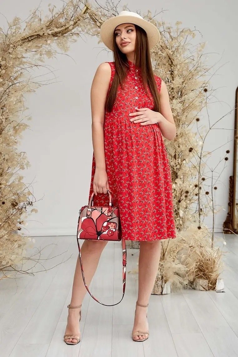 Летнее платья Sofia для беременных и кормящих в цветок - красное