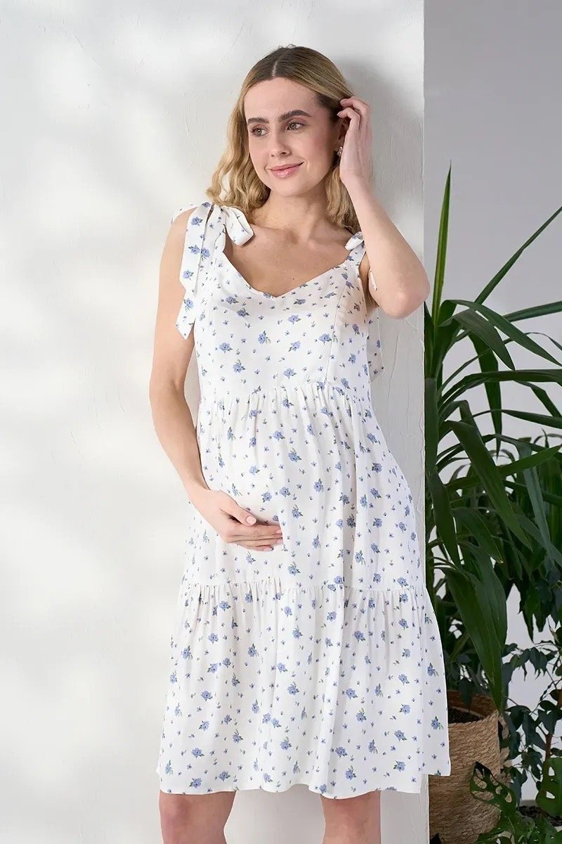 Сарафан для беременных и кормящих Lilo — молочный в синие цветы