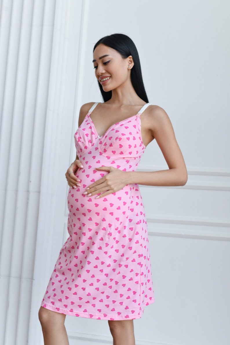 Ночная рубашка для беременных и кормящих 24124 розовый, Сердца