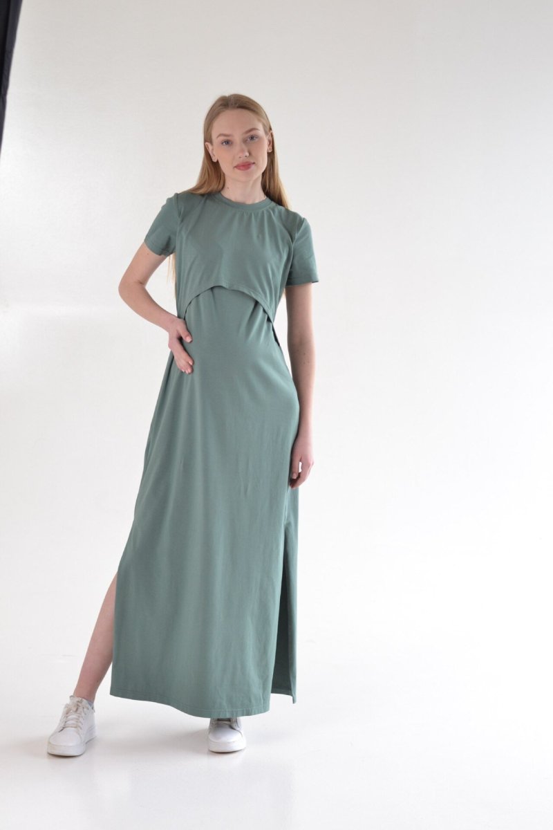 Трикотажна сукня  максі для вагітних та годуючих DM-31 оливка